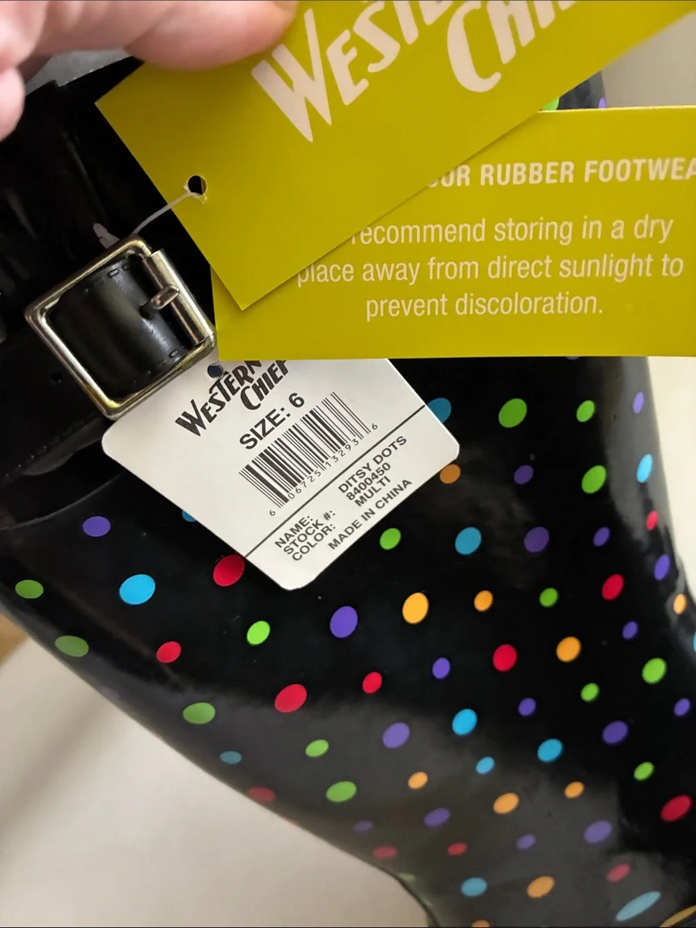 Western Chief Black Rain Boots with Multicolor Polka Dots